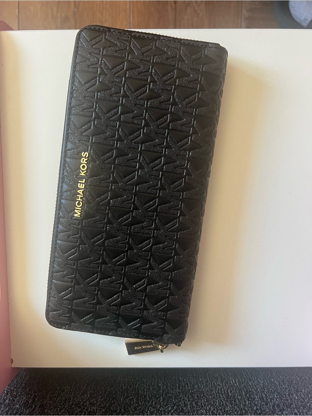 MICHAEL KORS Black Quilted Logo Zip Wallet with Gold Tone Hardware